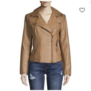MAX STUDIO WOMEN’S COGNAC CLASSIC FAUX VEGAN LEATHER MOTO JACKET SIZE SMALL EUC